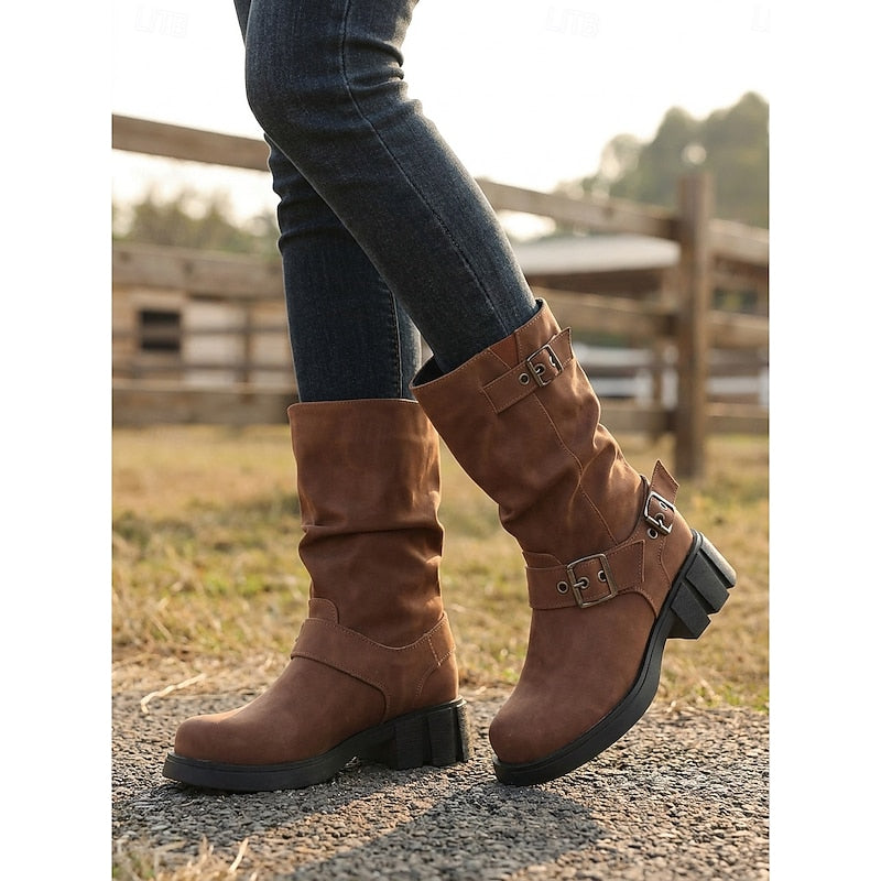 Damen Biker Boots mit Blockabsatz und Vintage-Schnalle - 11 - Trendlinie