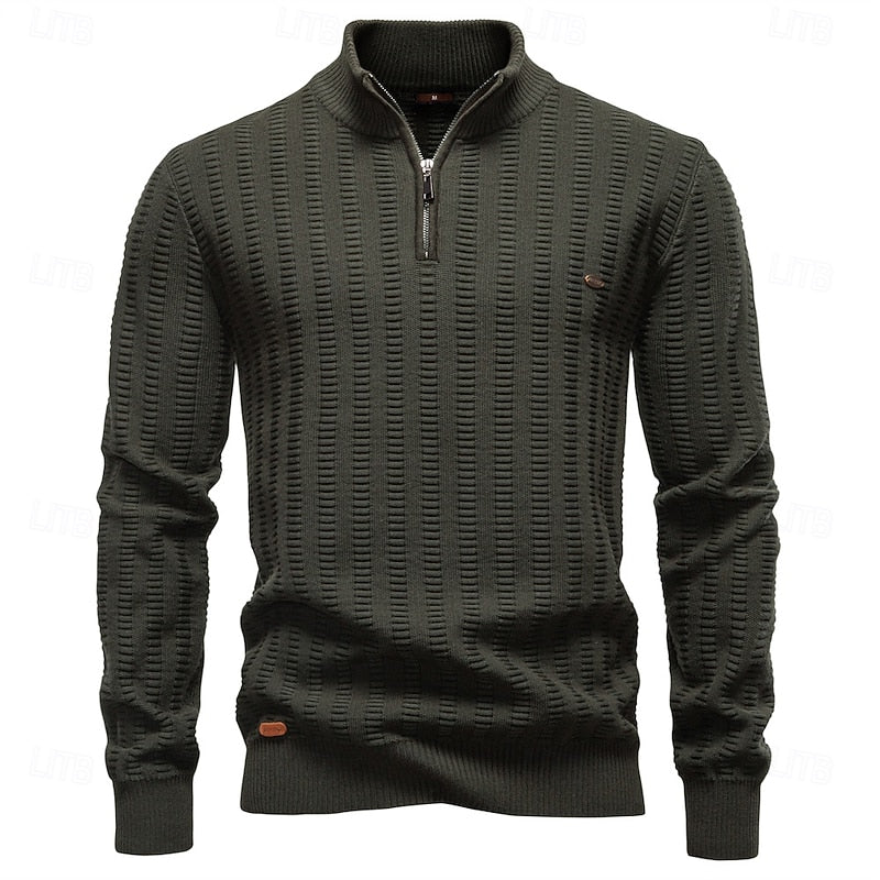 Herrenpullover mit Stehkragen und Reißverschluss in Olivgrün - 1 - Trendlinie