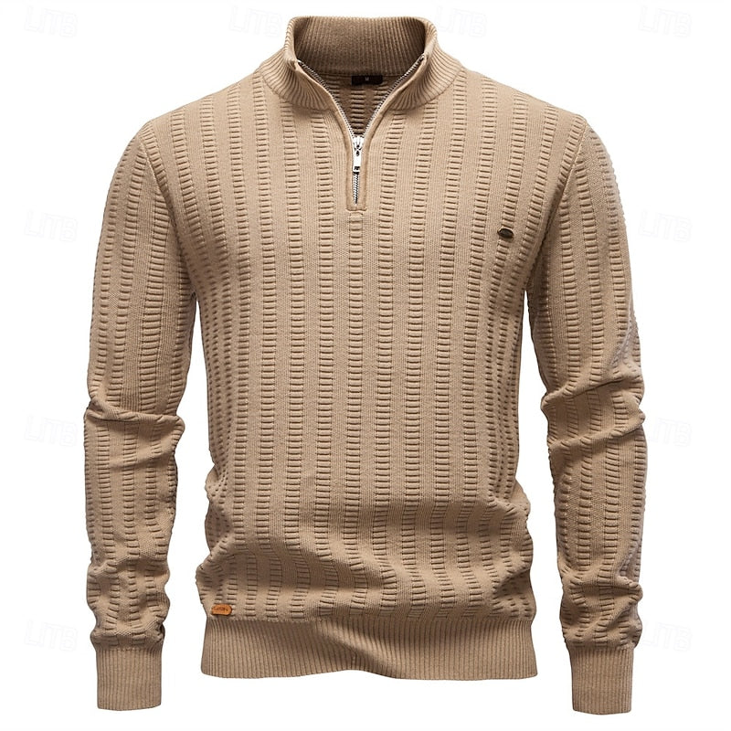 Herrenpullover mit Stehkragen und Reißverschluss in Olivgrün - 15 - Trendlinie