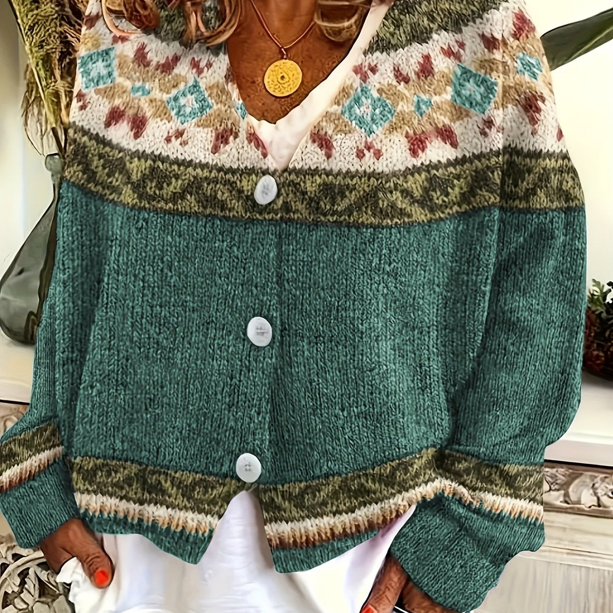 Damen Cardigan mit buntem Muster und Knopfdetails - 5 - Trendlinie