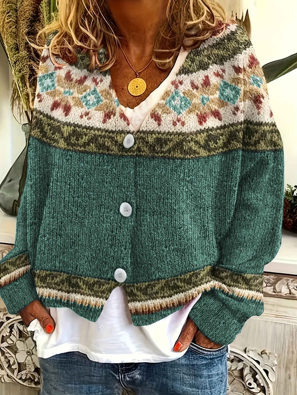Damen Cardigan mit buntem Muster und Knopfdetails - 6 - Trendlinie
