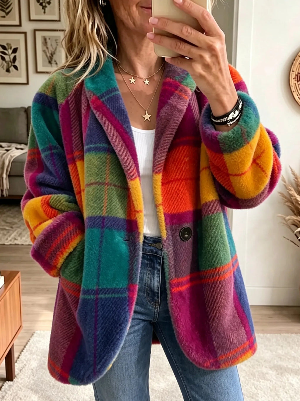 Feminine Jacke Damen mit buntem Karomuster und lässiger Passform - 1 - Trendlinie