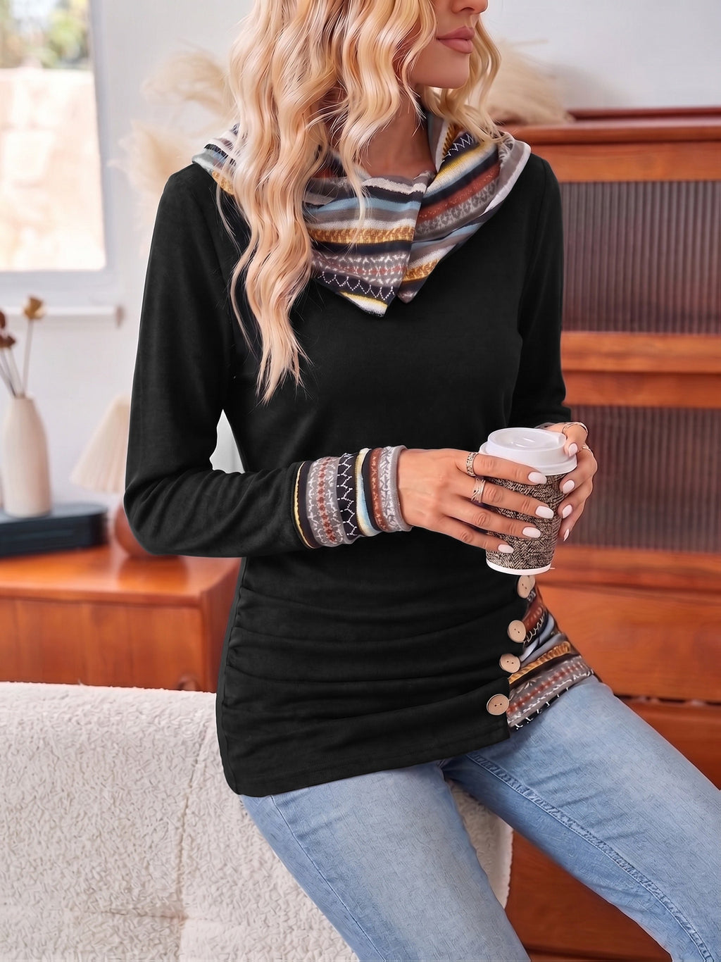 Damen Pullover mit Kapuze und Knöpfen, Langarm - 5 - Trendlinie