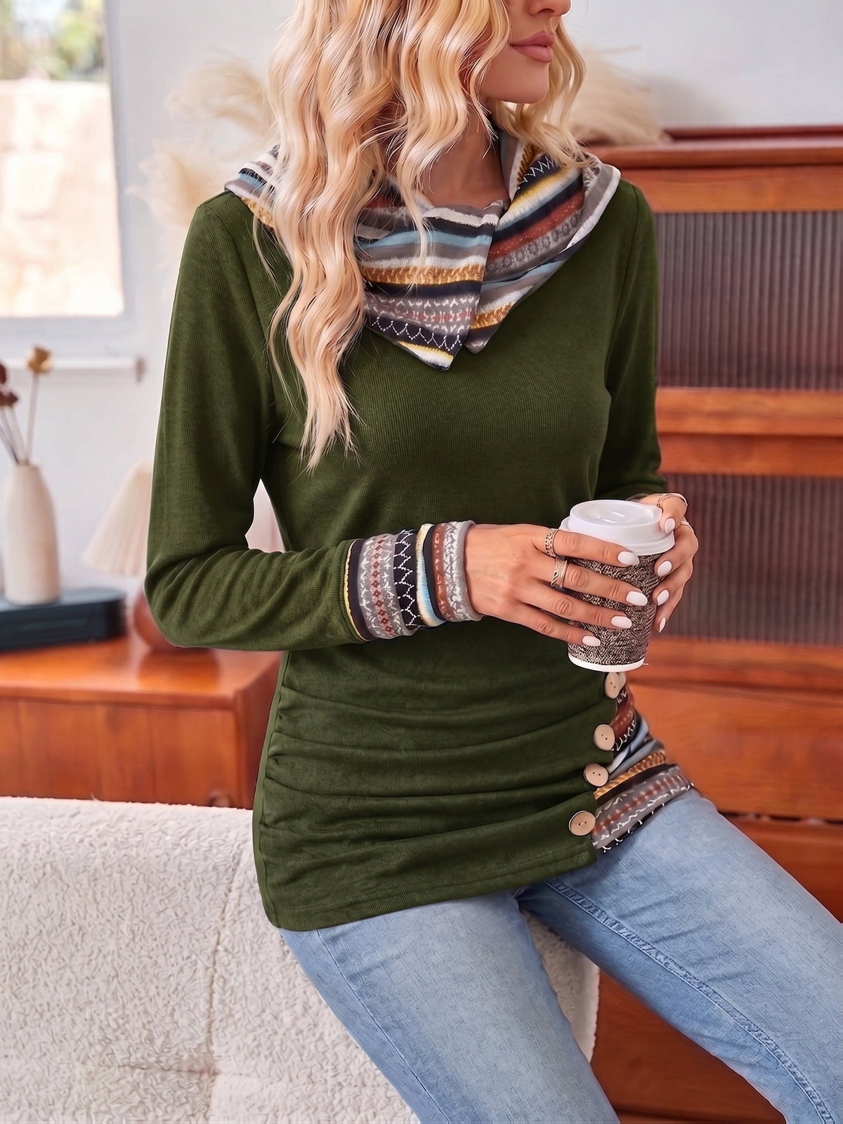 Damen Pullover mit Kapuze und Knöpfen, Langarm - 12 - Trendlinie