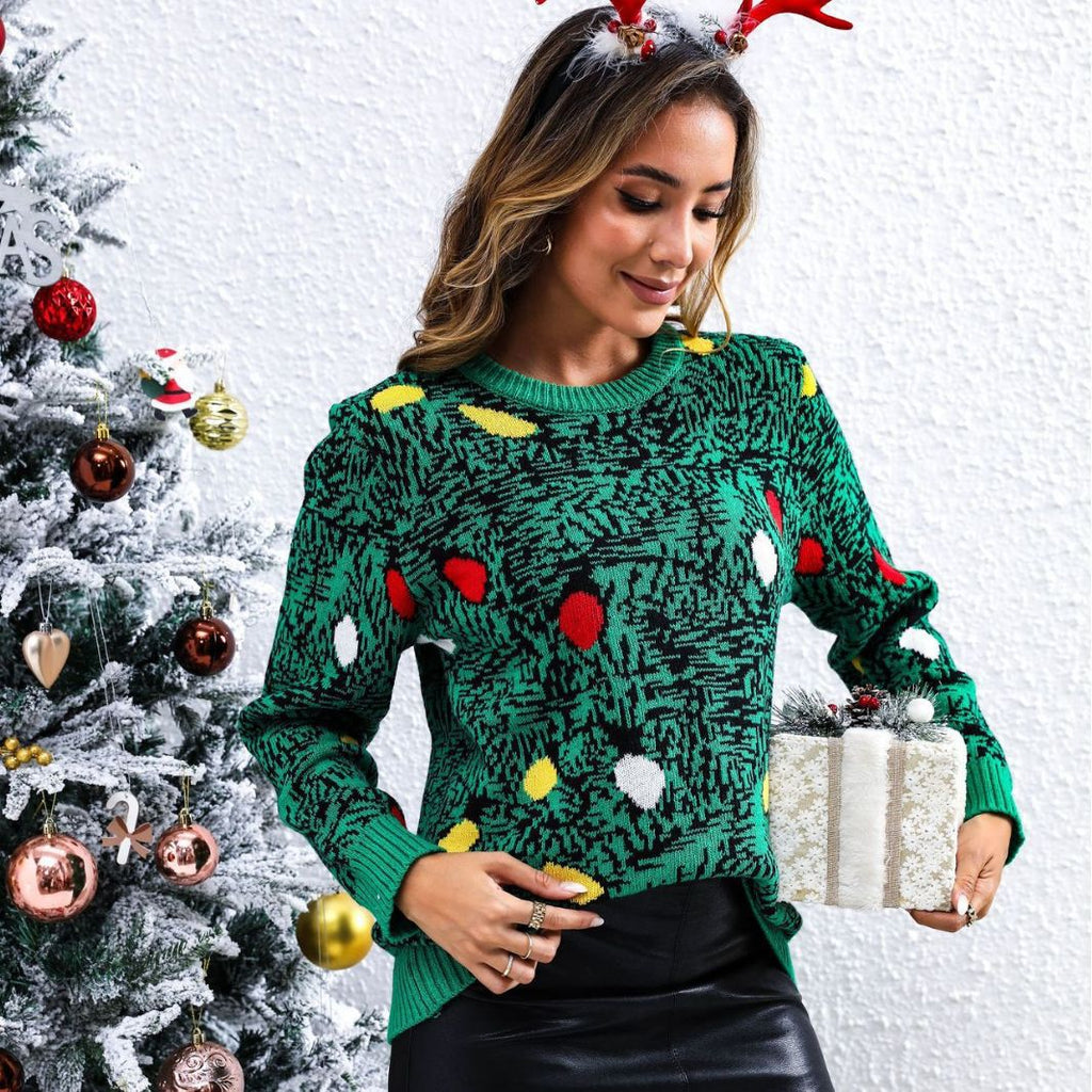 Festlicher Pullover Damen mit buntem Baumdesign und langen Ärmeln - 3 - Trendlinie