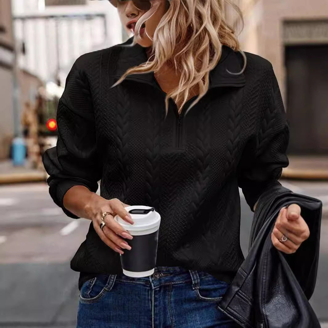Pullover Damen mit Kragen und halbem Reißverschluss in strukturiertem Design - 6 - Trendlinie