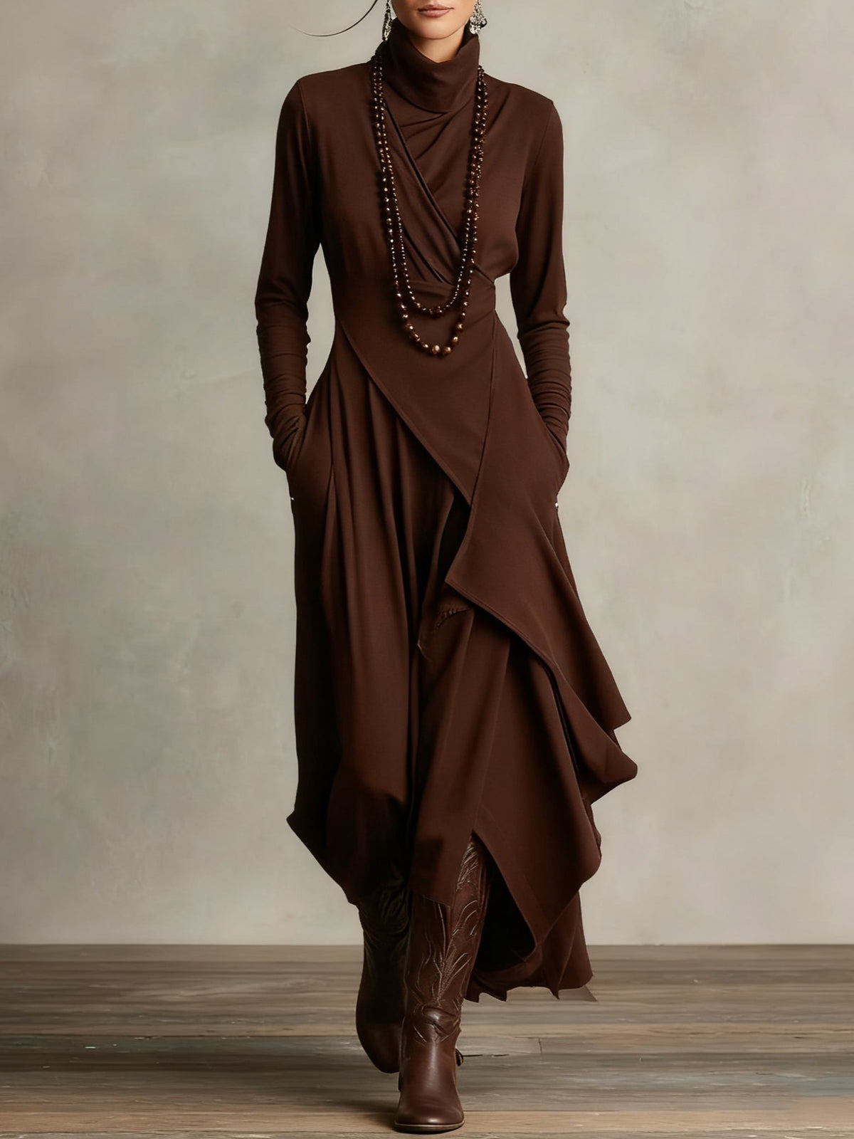Maxikleid Damen mit asymmetrischem Schnitt und Stehkragen - 9 - Trendlinie