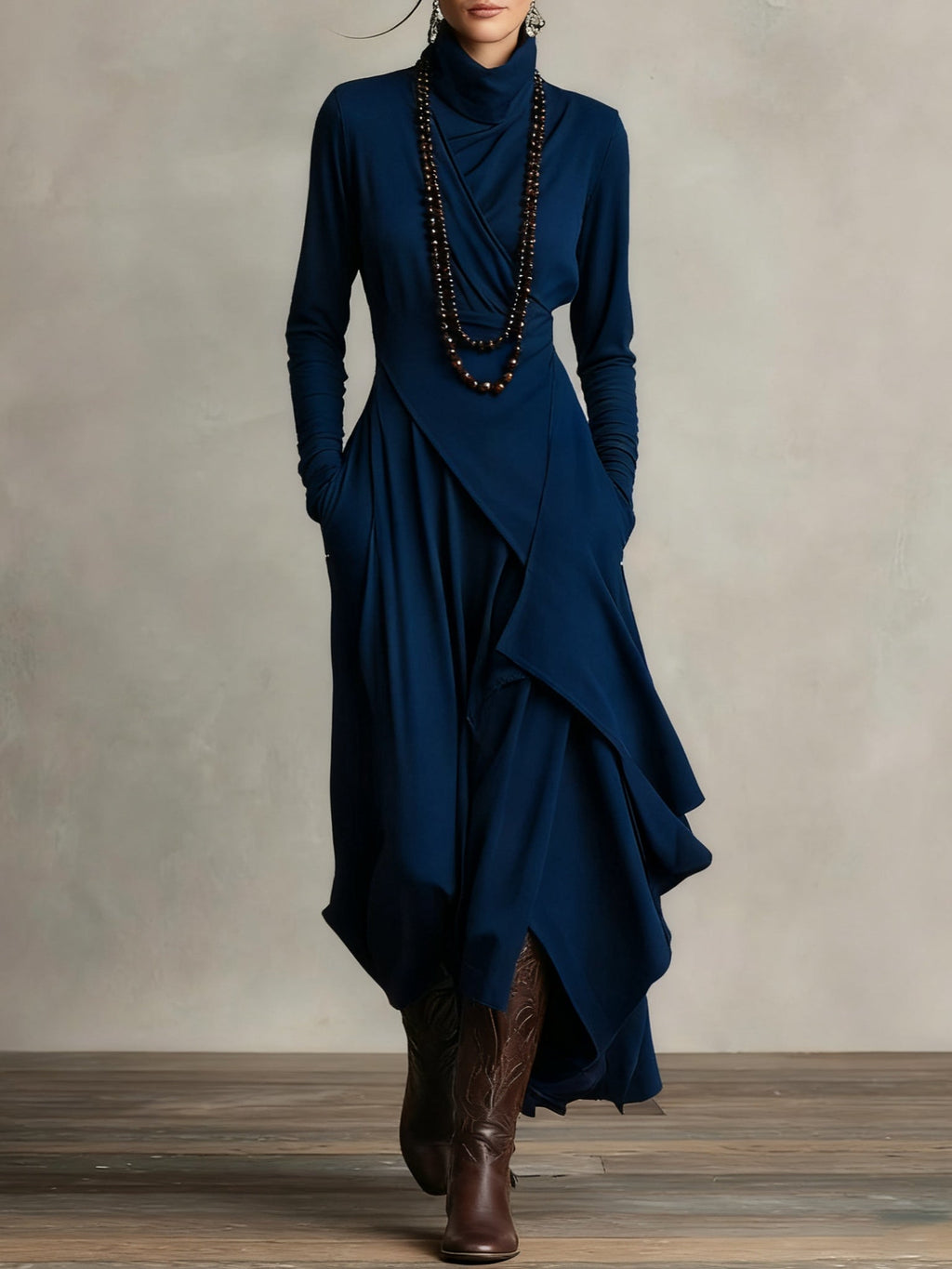 Maxikleid Damen mit asymmetrischem Schnitt und Stehkragen - 10 - Trendlinie