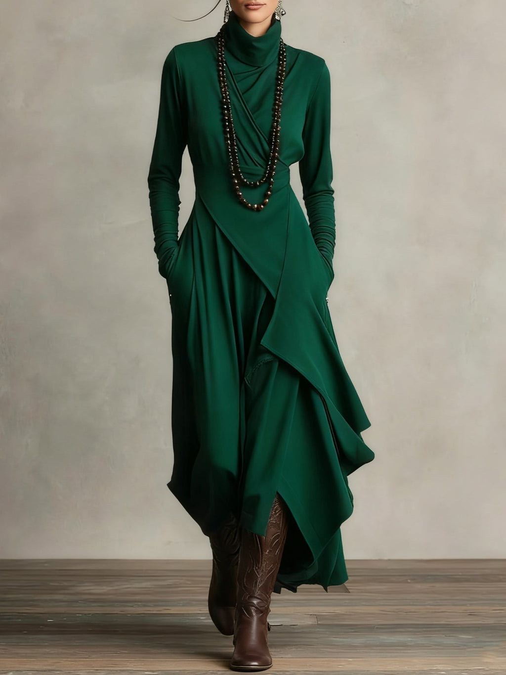 Maxikleid Damen mit asymmetrischem Schnitt und Stehkragen - 11 - Trendlinie