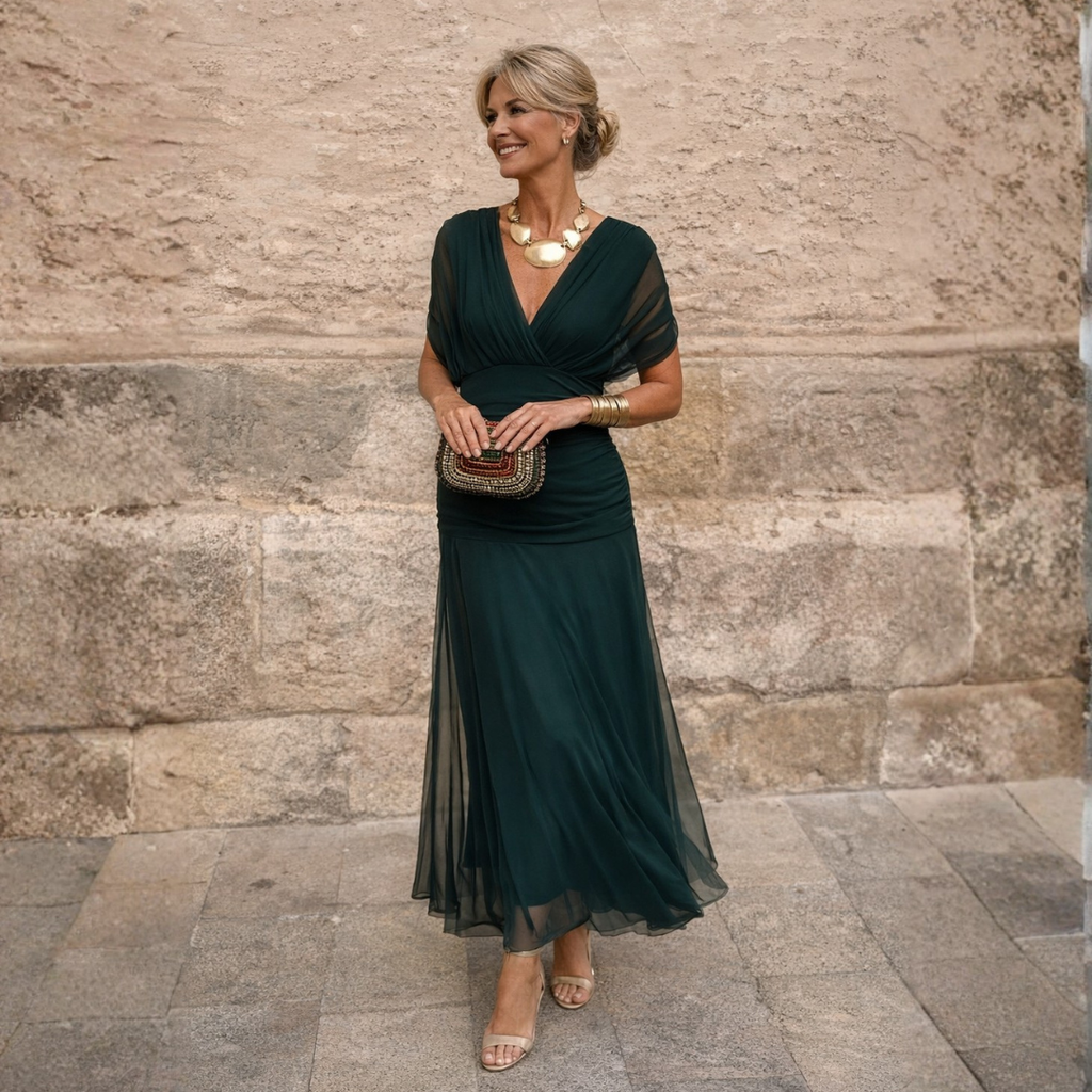 Maxikleid Damen mit Wickeldesign und V-Ausschnitt für besondere Anlässe - 1 - Trendlinie