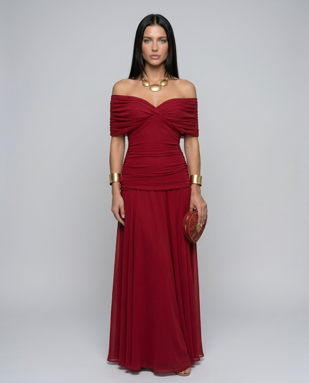 Abendkleid Damen mit Wickelstil und schulterfreiem Ausschnitt - 1 - Trendlinie