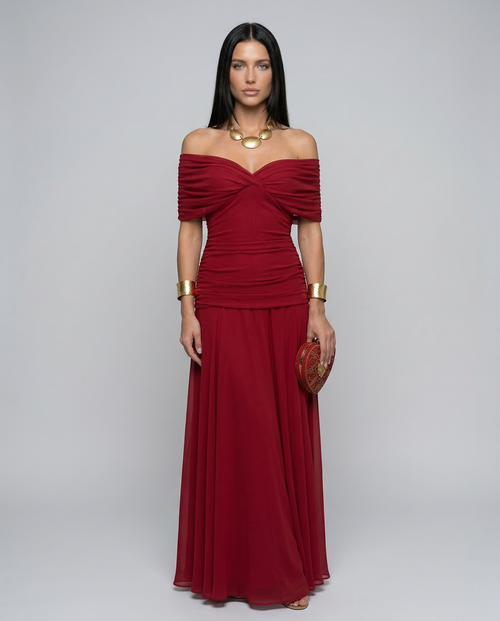 Abendkleid Damen mit Wickelstil und schulterfreiem Ausschnitt - 1 - Trendlinie