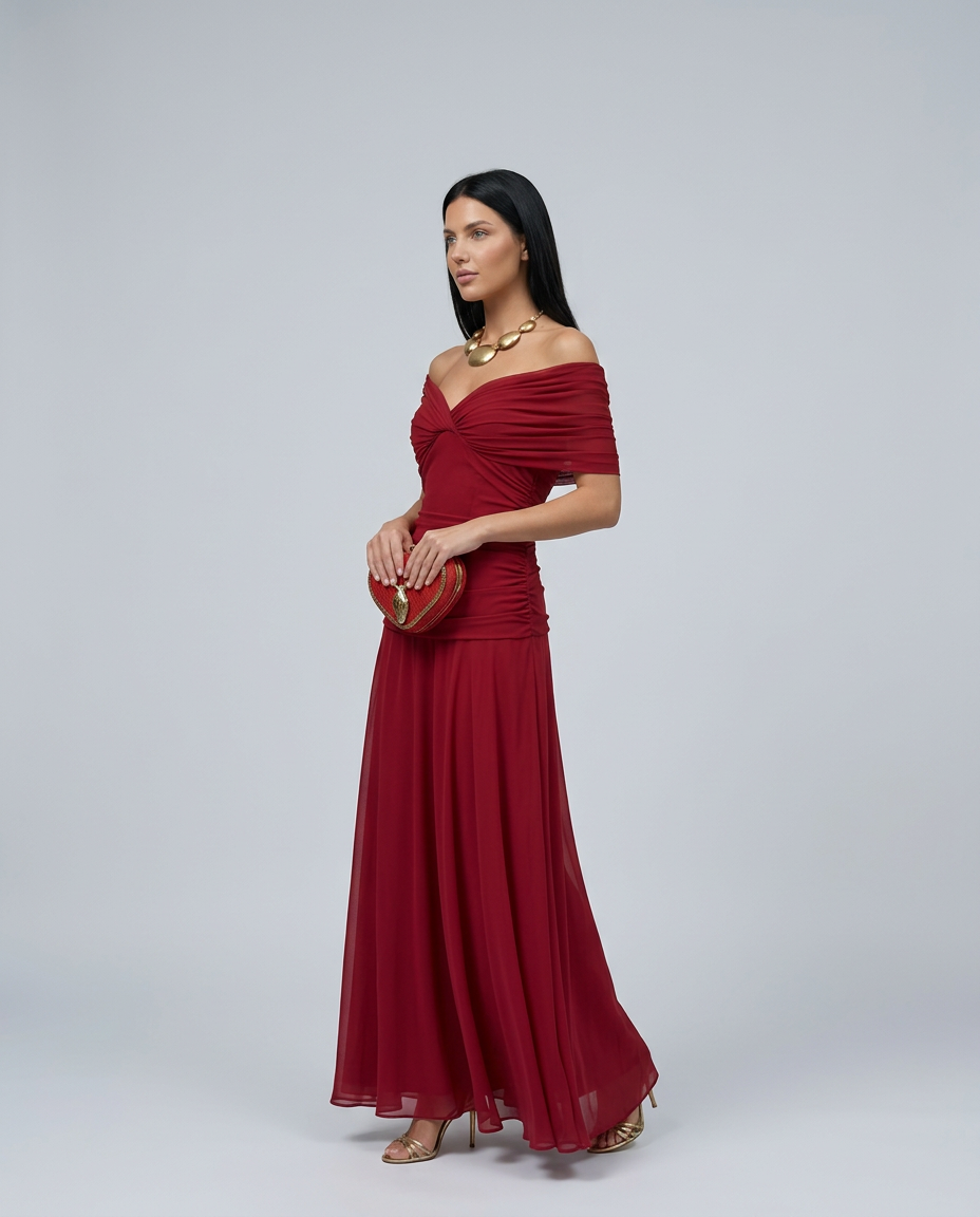 Abendkleid Damen mit Wickelstil und schulterfreiem Ausschnitt - 5 - Trendlinie