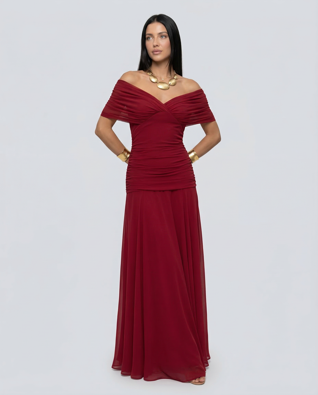 Abendkleid Damen mit Wickelstil und schulterfreiem Ausschnitt - 7 - Trendlinie