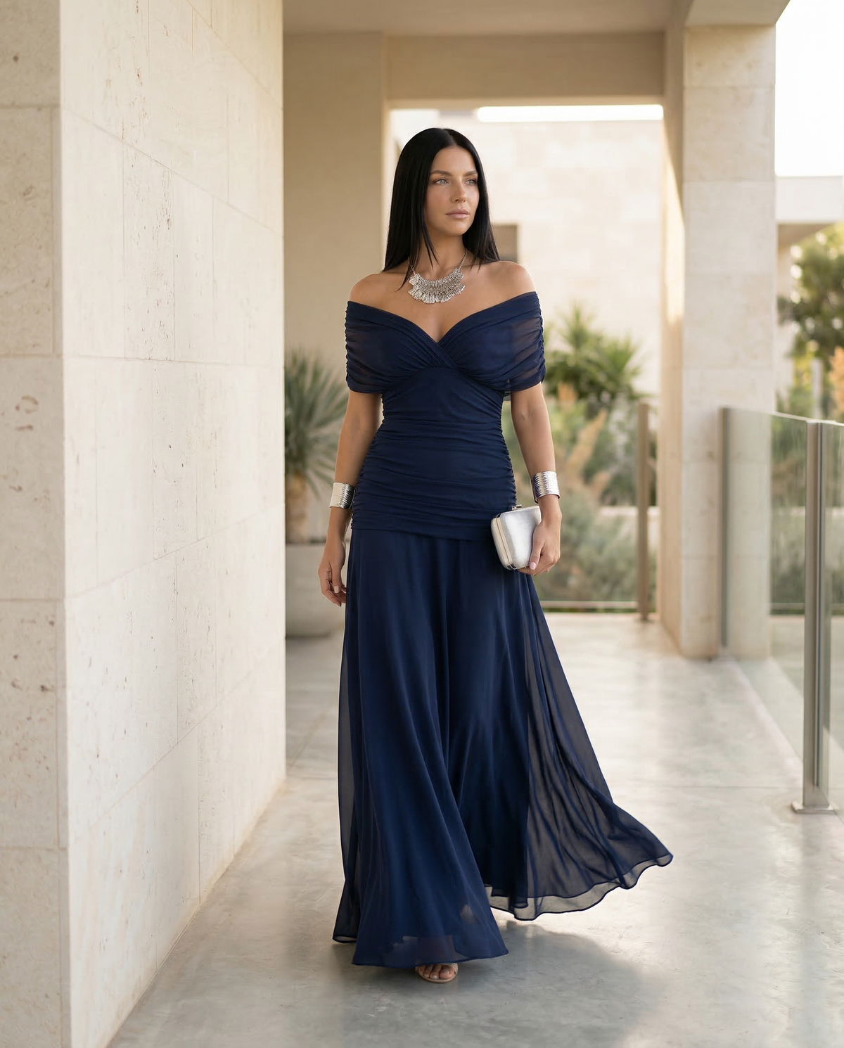 Abendkleid Damen mit Wickelstil und schulterfreiem Ausschnitt - 10 - Trendlinie