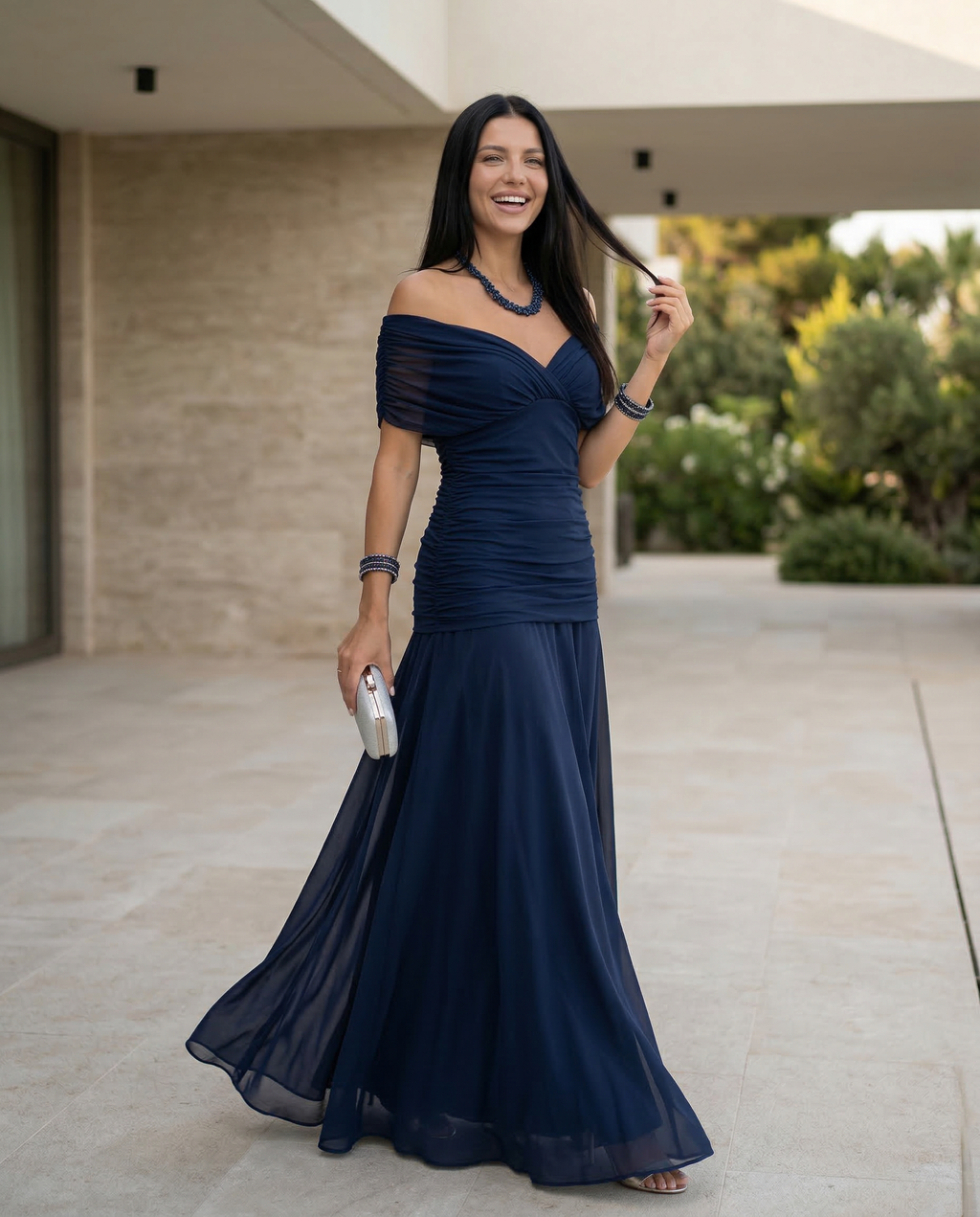 Abendkleid Damen mit Wickelstil und schulterfreiem Ausschnitt - 11 - Trendlinie