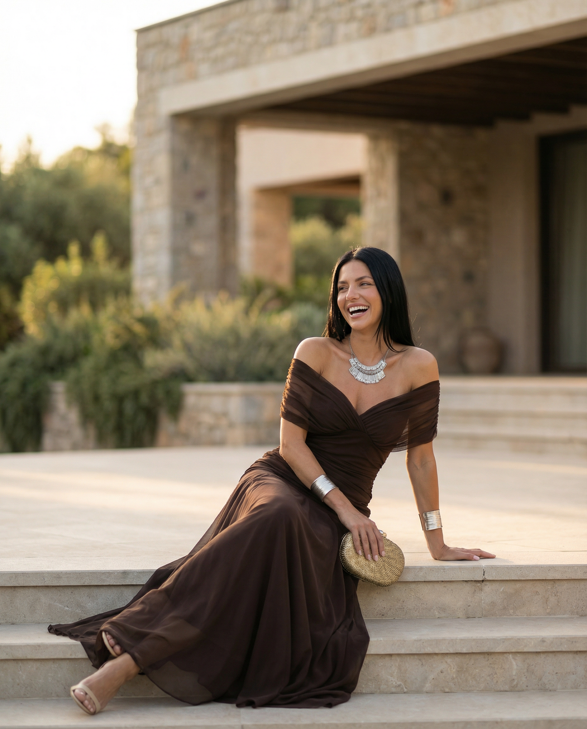 Abendkleid Damen mit Wickelstil und schulterfreiem Ausschnitt - 22 - Trendlinie