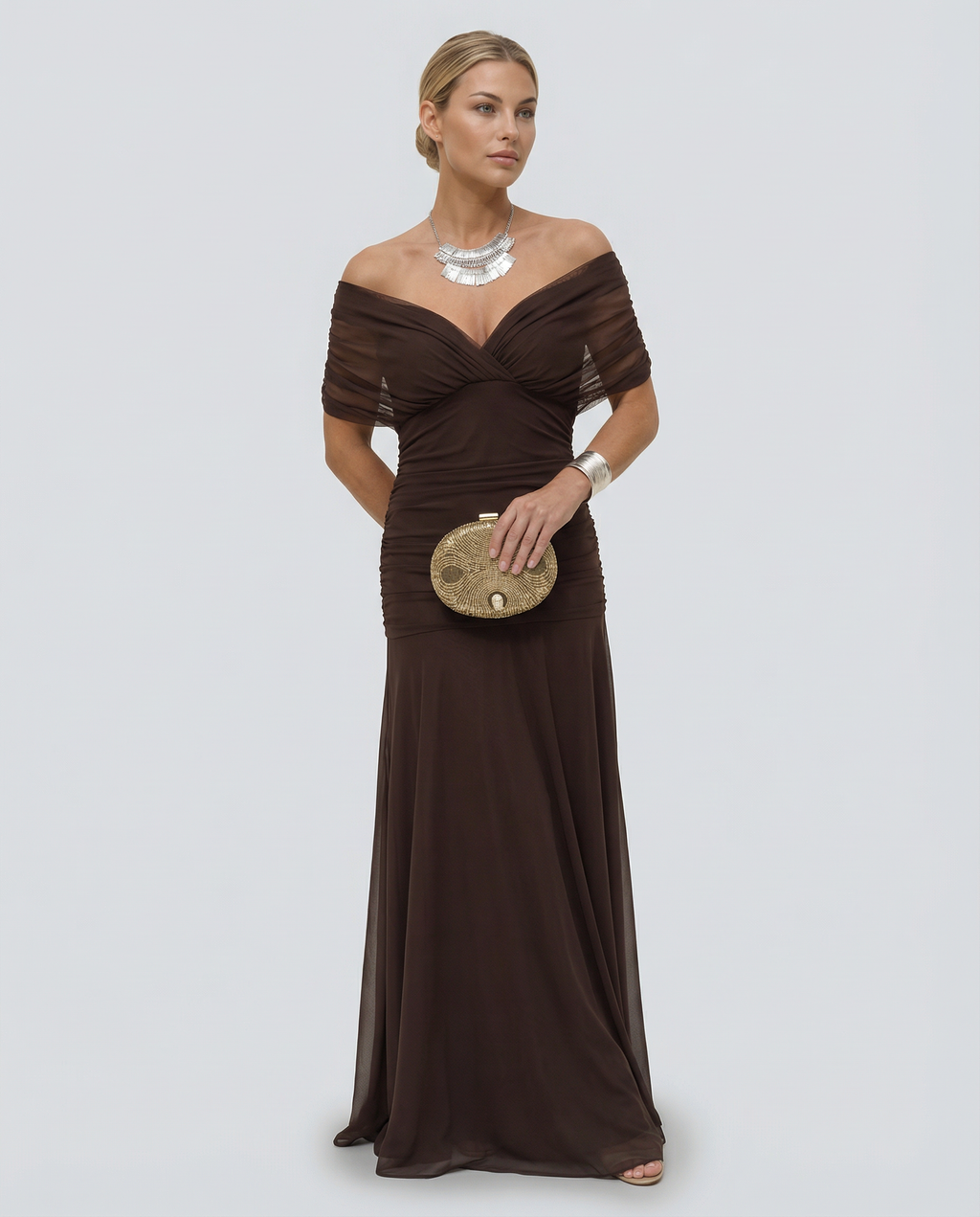 Abendkleid Damen mit Wickelstil und schulterfreiem Ausschnitt - 25 - Trendlinie