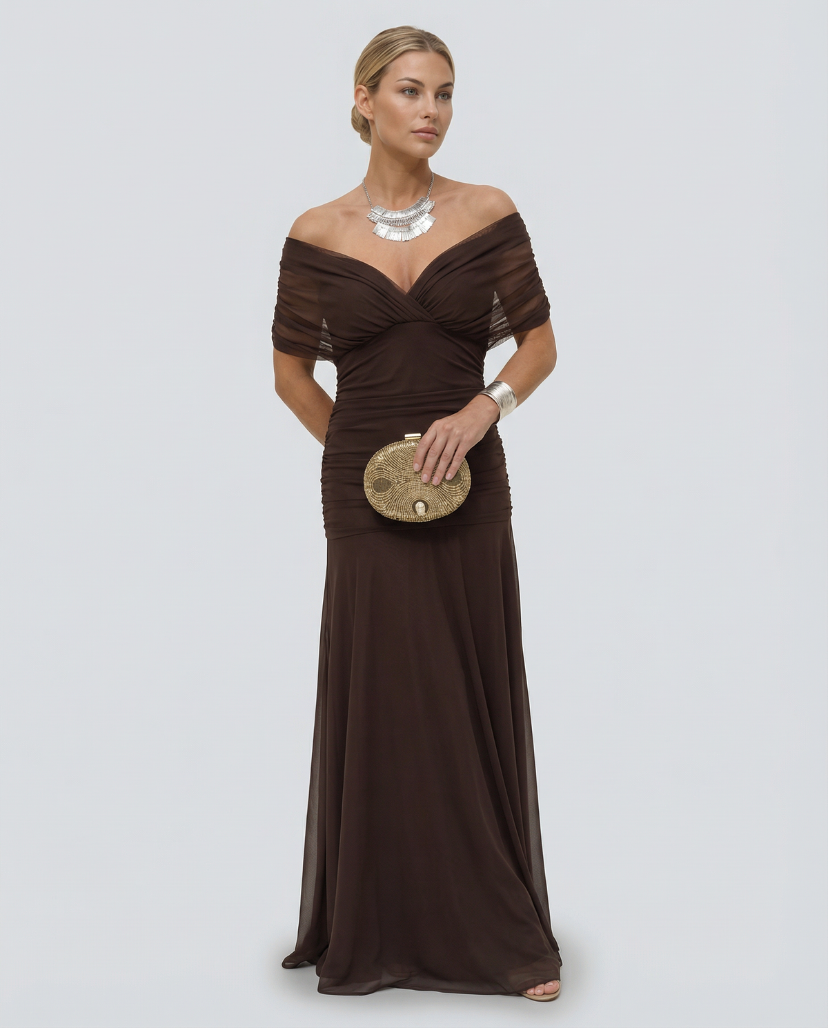 Abendkleid Damen mit Wickelstil und schulterfreiem Ausschnitt - 25 - Trendlinie