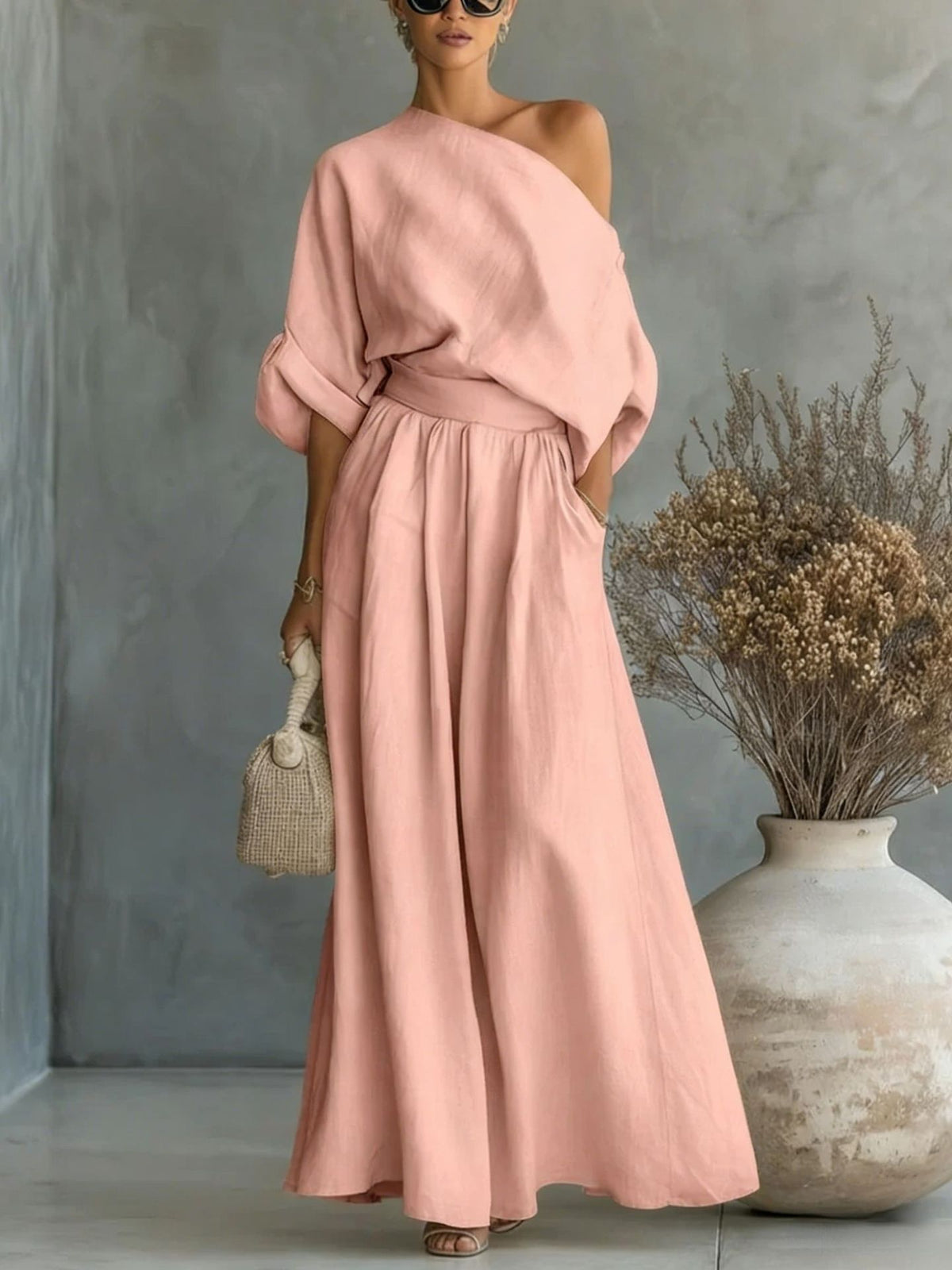 Maxikleid Damen mit asymmetrischem Ausschnitt und lässiger Passform - 3 - Trendlinie