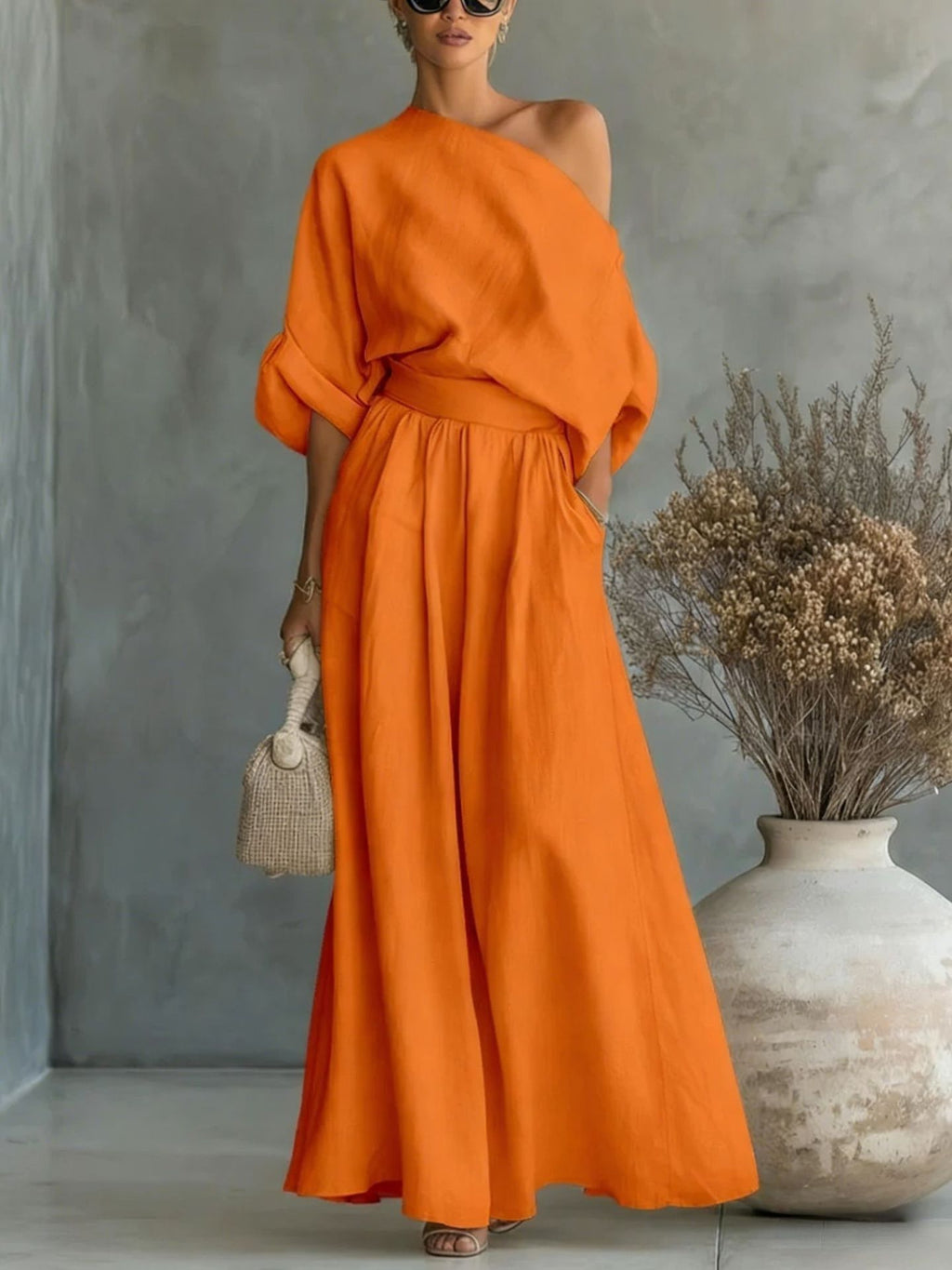 Maxikleid Damen mit asymmetrischem Ausschnitt und lässiger Passform - 5 - Trendlinie