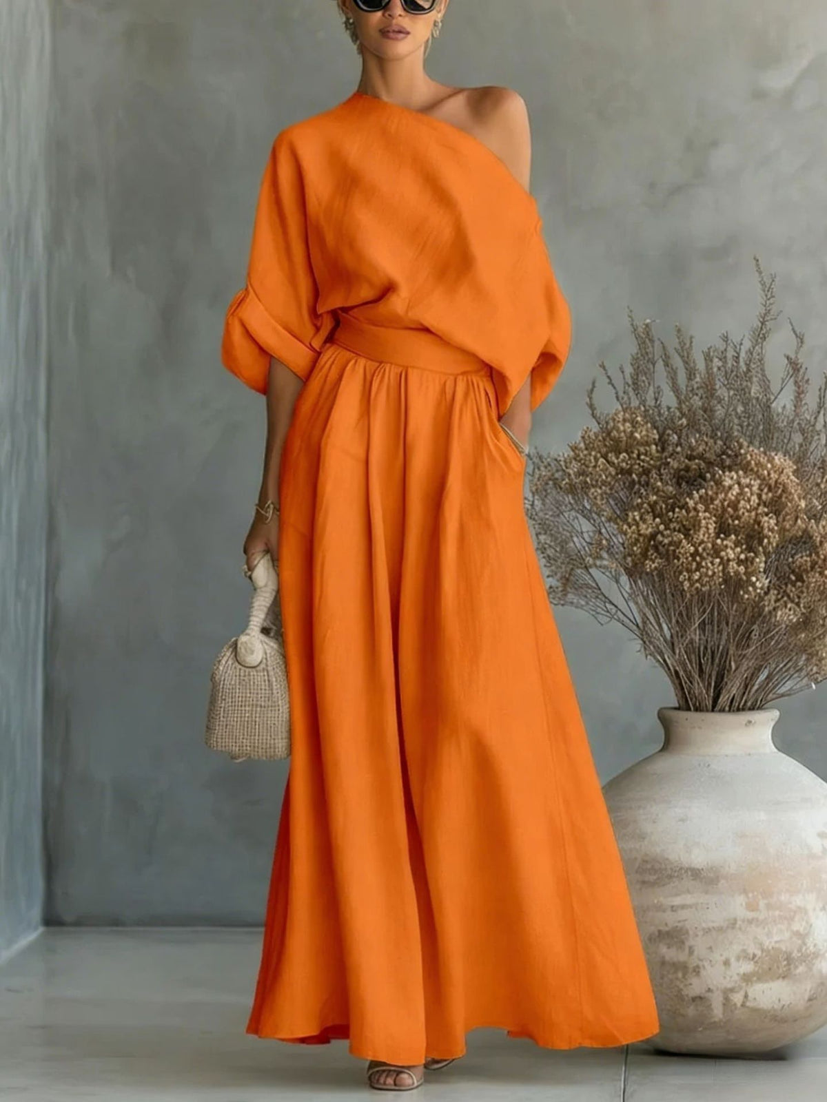 Maxikleid Damen mit asymmetrischem Ausschnitt und lässiger Passform - 5 - Trendlinie
