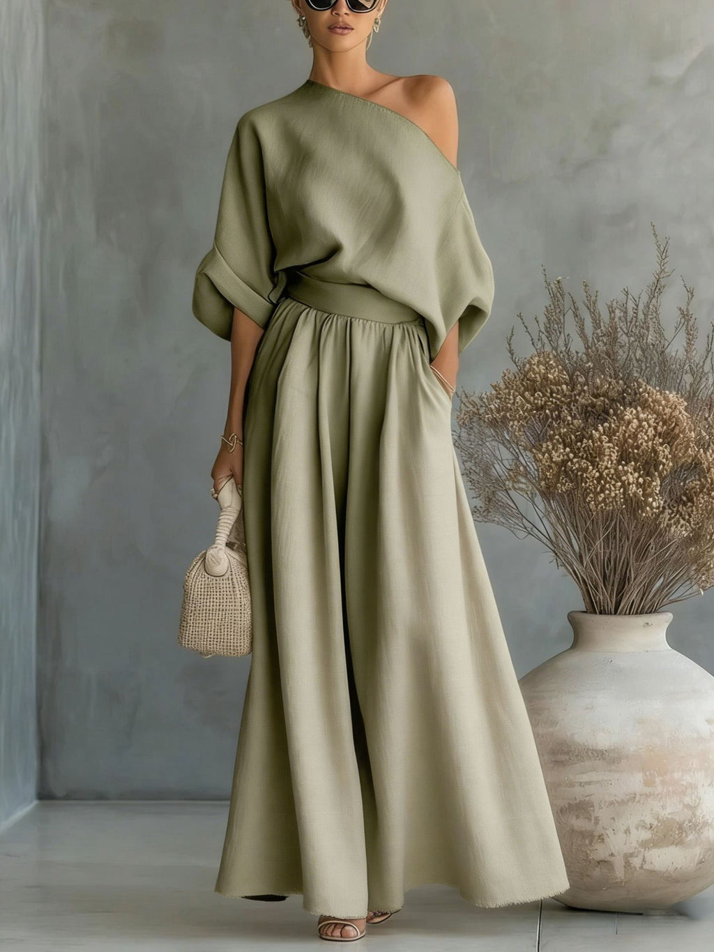 Maxikleid Damen mit asymmetrischem Ausschnitt und lässiger Passform - 6 - Trendlinie
