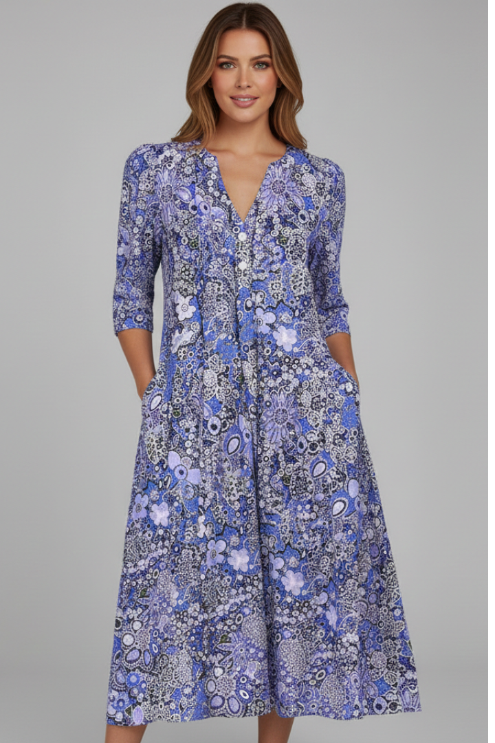 Midi Kleid Damen mit V-Ausschnitt und Halbarm im floralen Design - 2 - Trendlinie