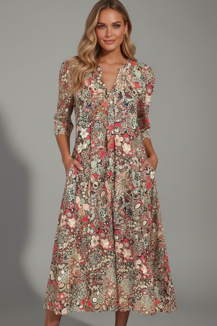 Midi Kleid Damen mit V-Ausschnitt und Halbarm im floralen Design - 3 - Trendlinie
