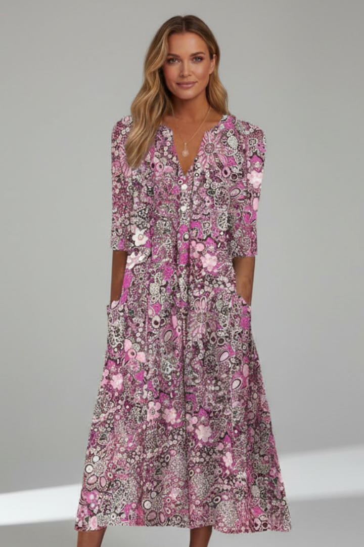 Midi Kleid Damen mit V-Ausschnitt und Halbarm im floralen Design - 4 - Trendlinie
