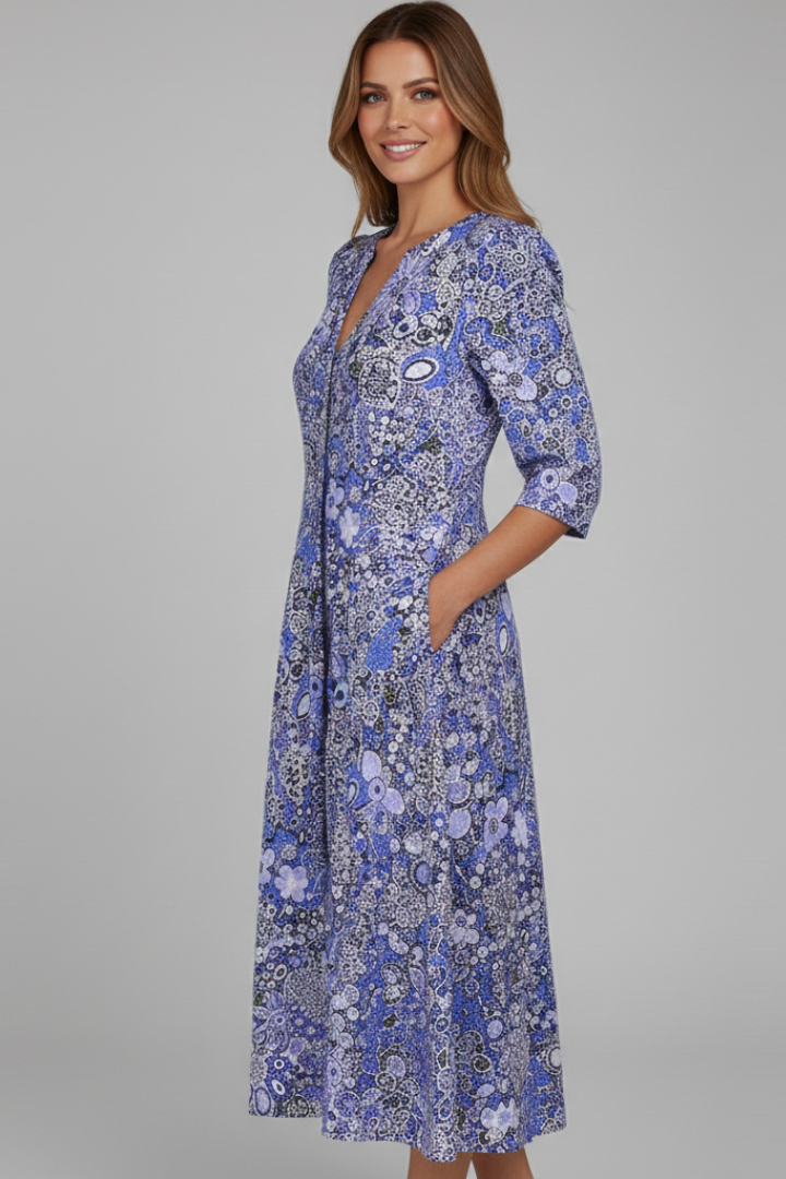 Midi Kleid Damen mit V-Ausschnitt und Halbarm im floralen Design - 5 - Trendlinie