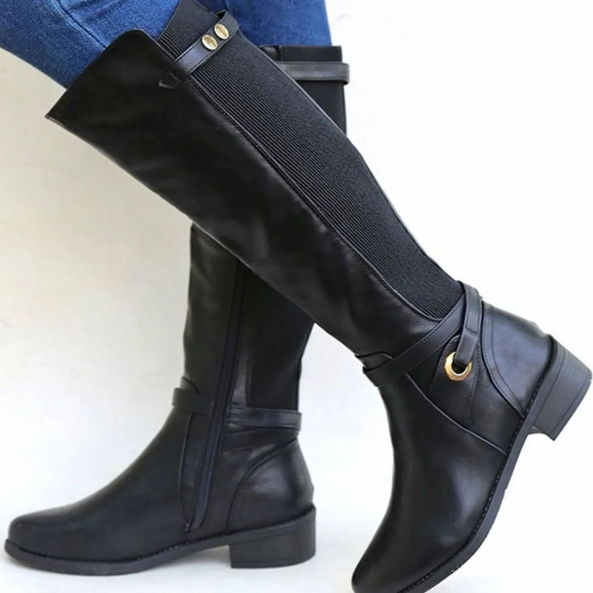 Damen Stiefel kniehoch mit flexiblem Einsatz und modischer Schnalle - 1 - Trendlinie