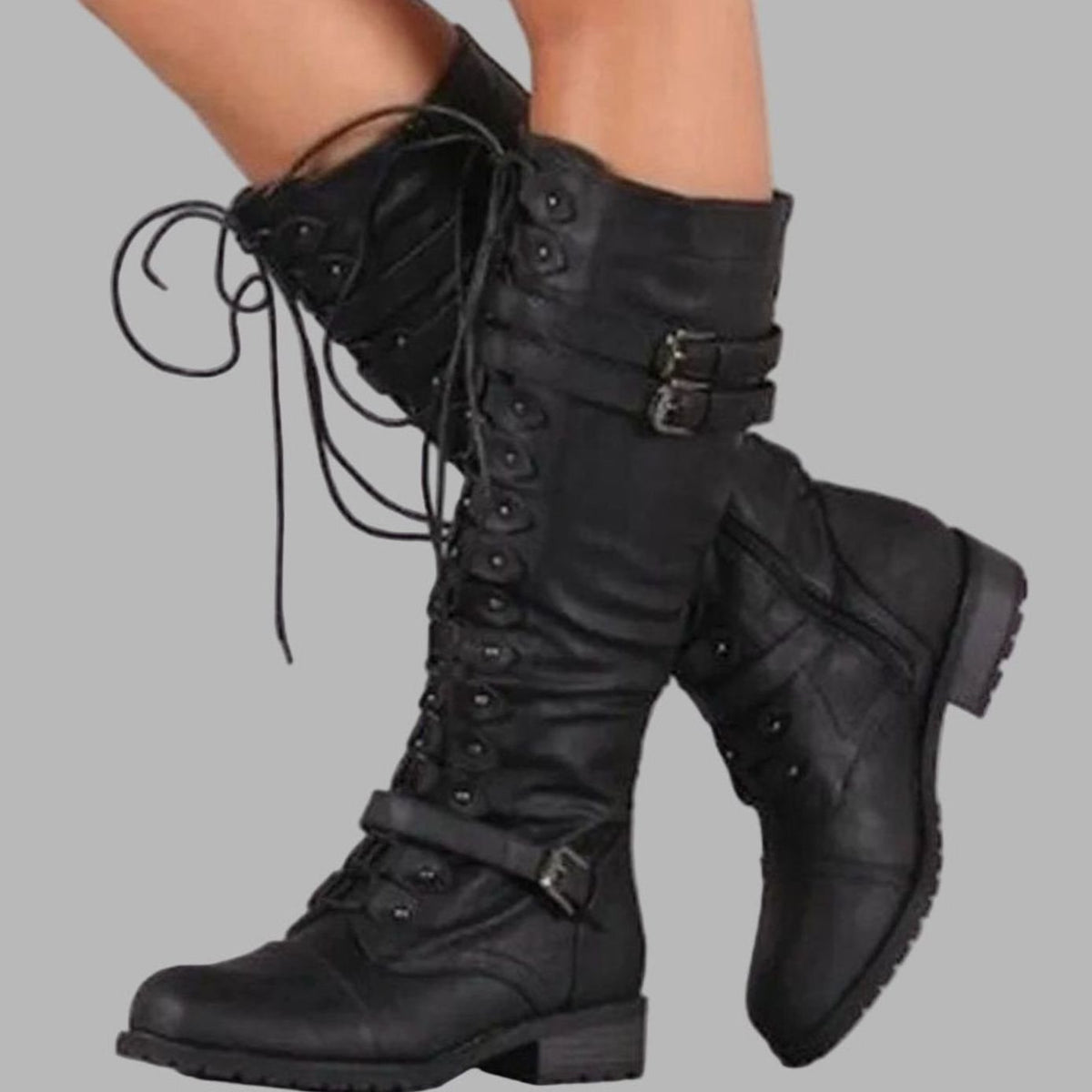Damen Schnürstiefel mit Doppelschnallen und hohem Schaft - 1 - Trendlinie