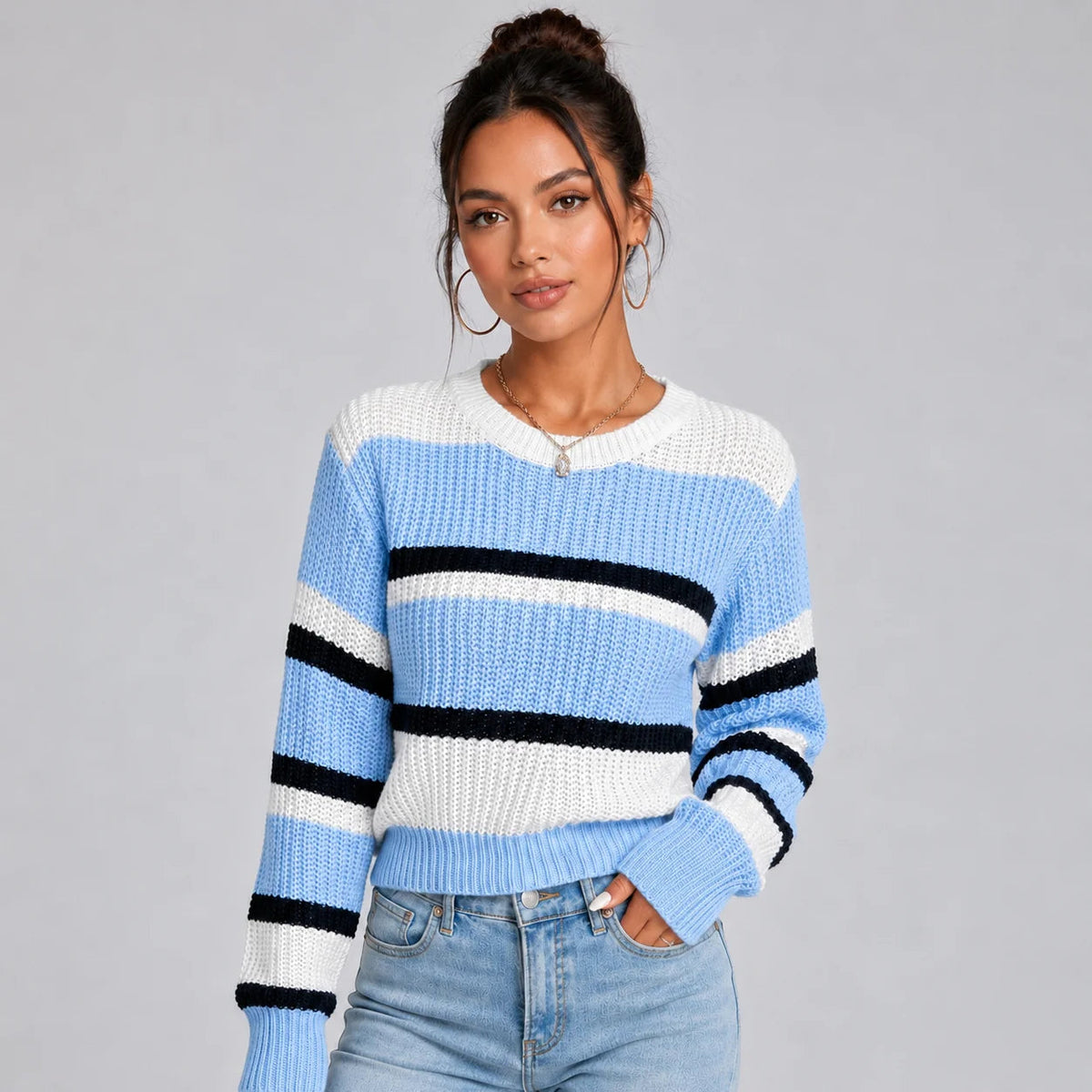 Pullover Damen mit Streifen und Rundhalsausschnitt in Pastellfarben - 1 - Trendlinie