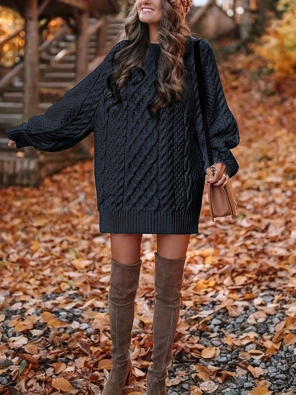 Damen Kleid mit Zopfdesign und langen Ärmeln für Herbst - 3 - Trendlinie