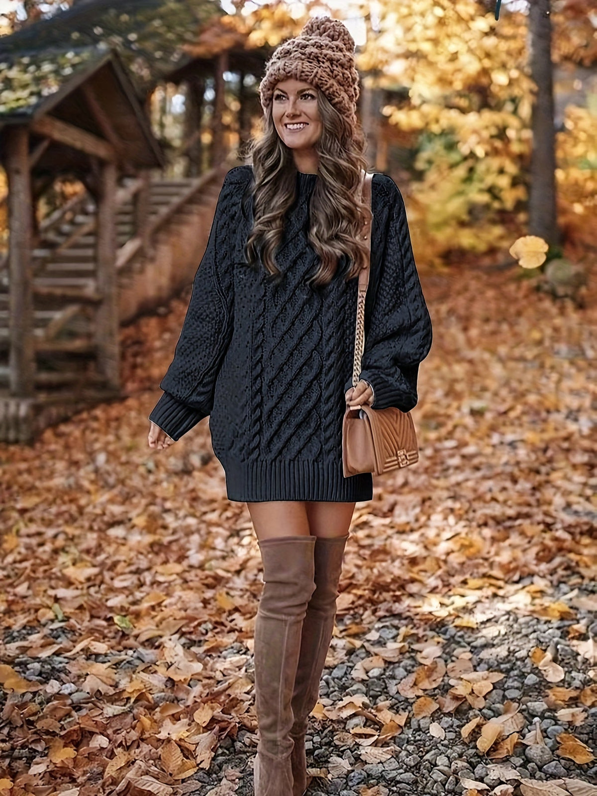 Damen Kleid mit Zopfdesign und langen Ärmeln für Herbst - 4 - Trendlinie