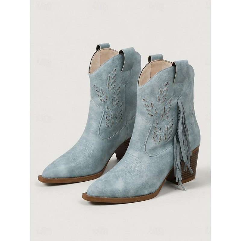 Western Boots Damen mit Blockabsatz und Fransen in Blau - 3 - Trendlinie