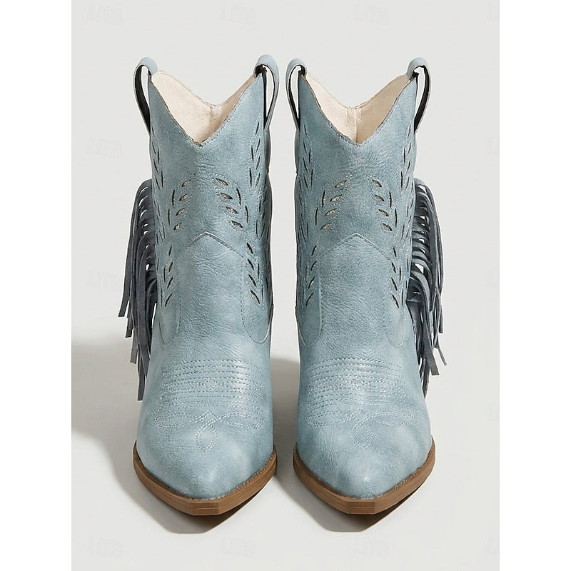 Western Boots Damen mit Blockabsatz und Fransen in Blau - 4 - Trendlinie