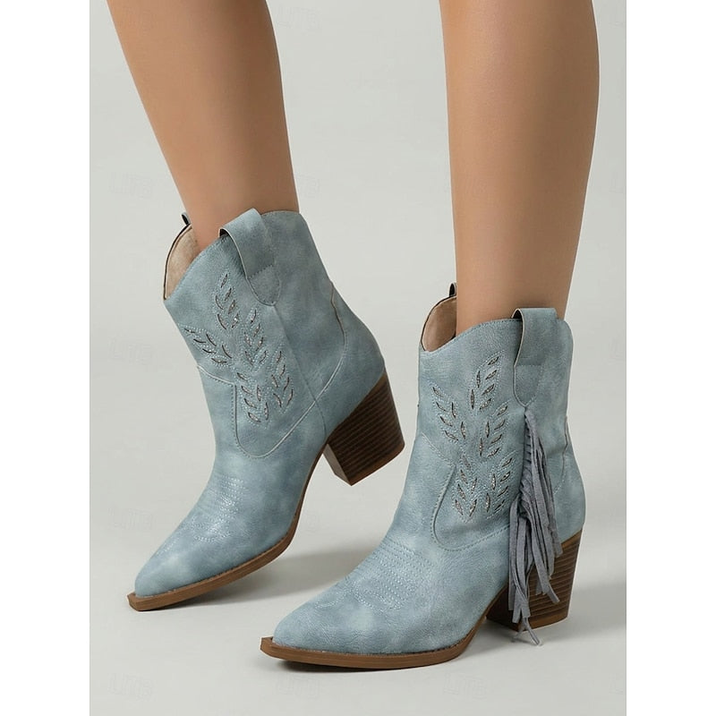 Western Boots Damen mit Blockabsatz und Fransen in Blau - 6 - Trendlinie