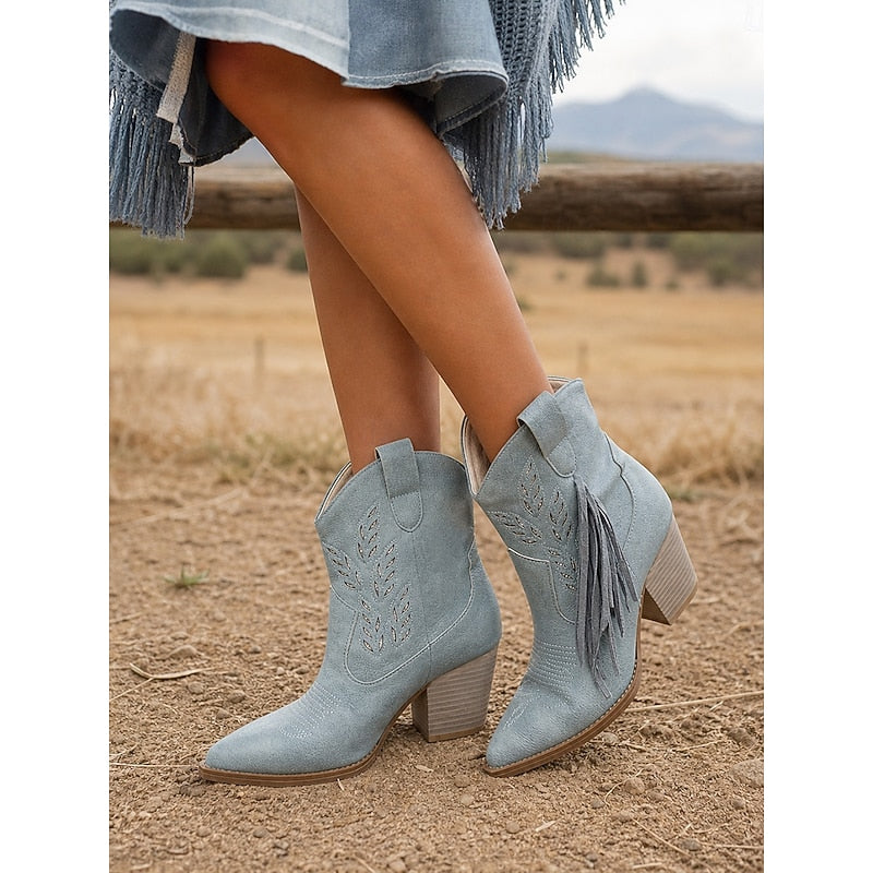 Western Boots Damen mit Blockabsatz und Fransen in Blau - 7 - Trendlinie
