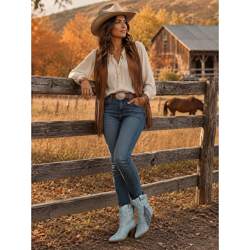 Western Boots Damen mit Blockabsatz und Fransen in Blau - 8 - Trendlinie