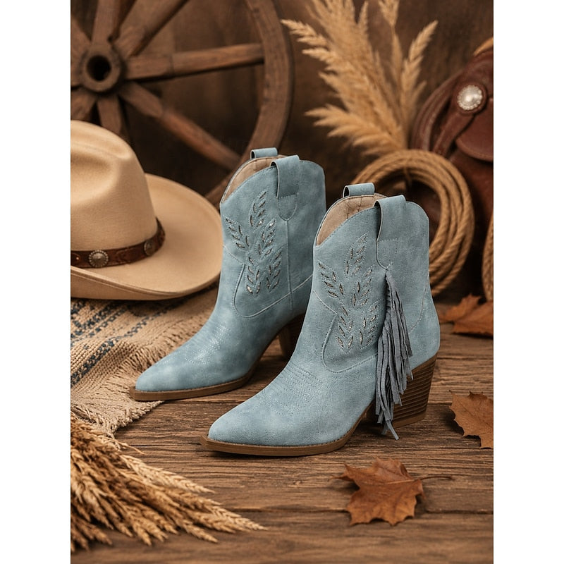 Western Boots Damen mit Blockabsatz und Fransen in Blau - 9 - Trendlinie