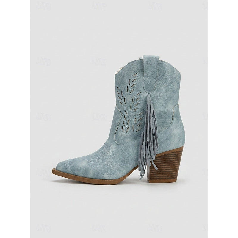 Western Boots Damen mit Blockabsatz und Fransen in Blau - 10 - Trendlinie