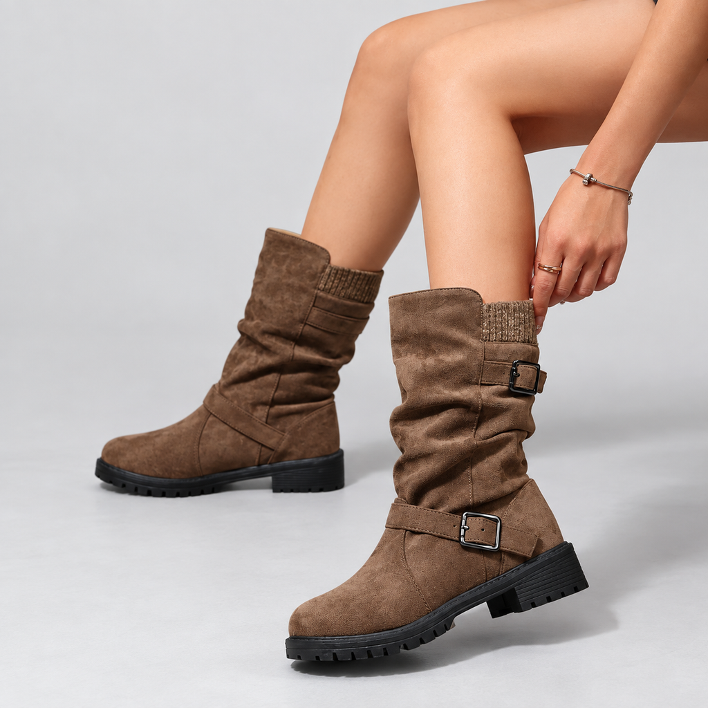 Damen Boots mit gerafftem Schaft und modischen Schnallen - 1 - Trendlinie