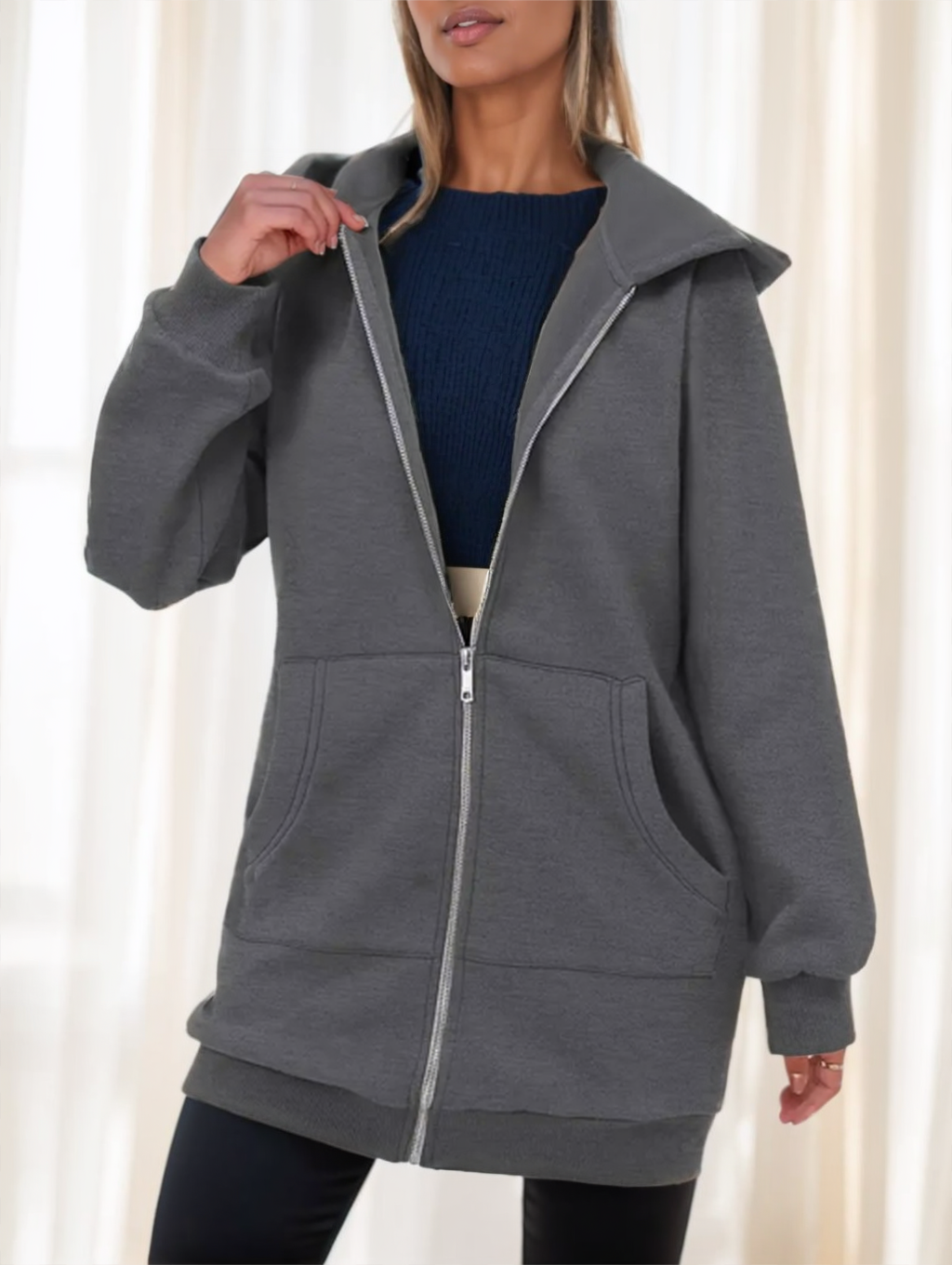 Damen Hoodie mit Zip und Kapuze, langarm, in Grau oder Marineblau - 2 - Trendlinie