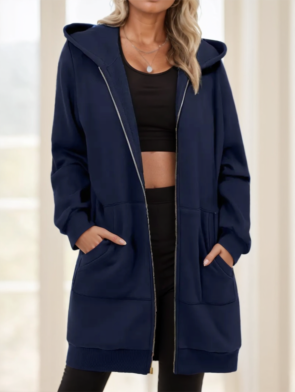Damen Hoodie mit Zip und Kapuze, langarm, in Grau oder Marineblau - 3 - Trendlinie
