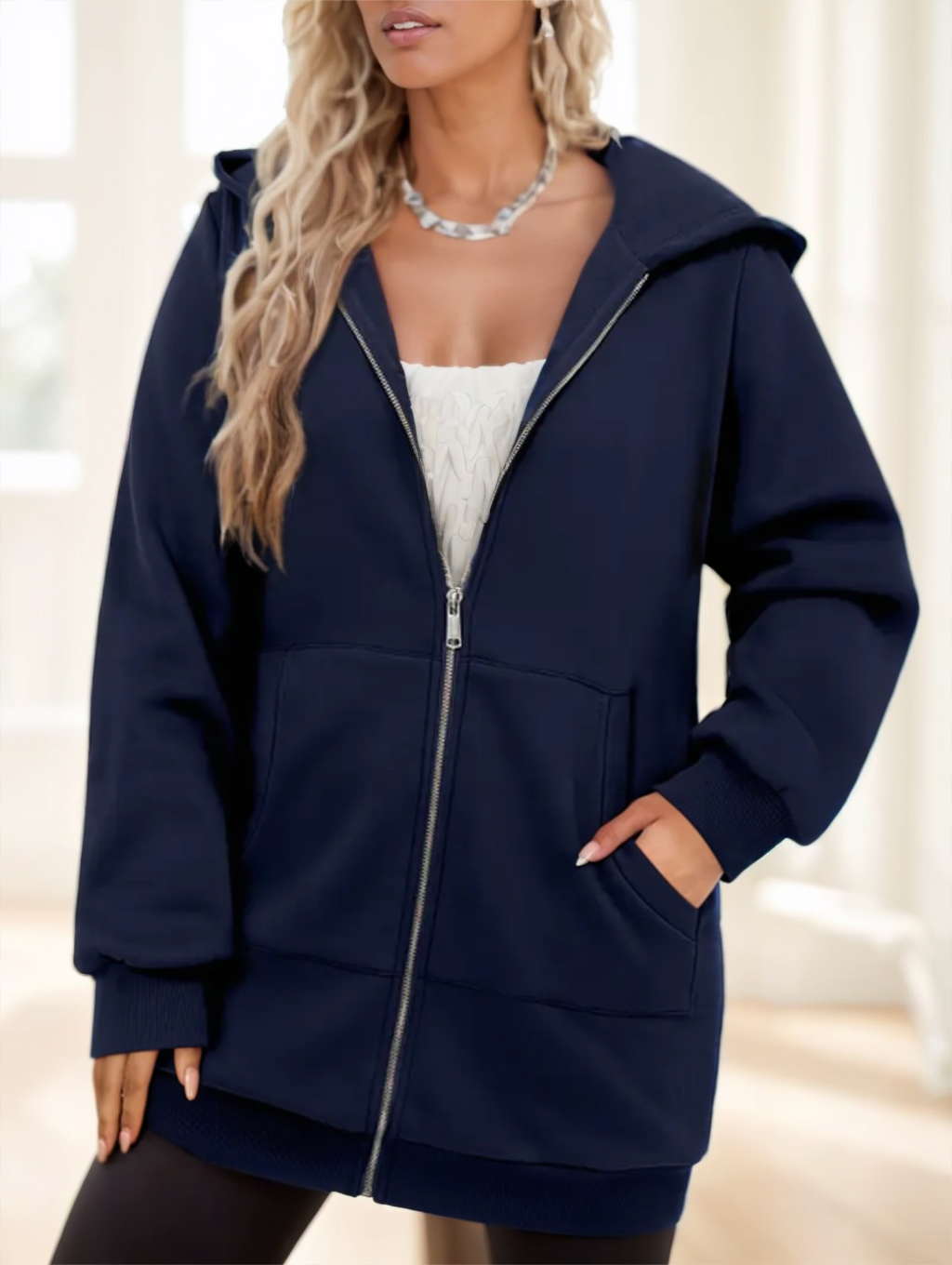 Damen Hoodie mit Zip und Kapuze, langarm, in Grau oder Marineblau - 4 - Trendlinie