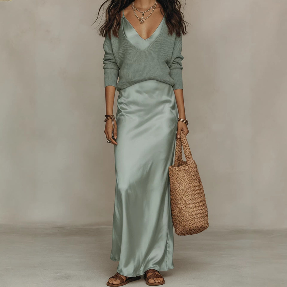 Maxikleid Damen mit V-Ausschnitt und schwingendem Rock - 2 - Trendlinie