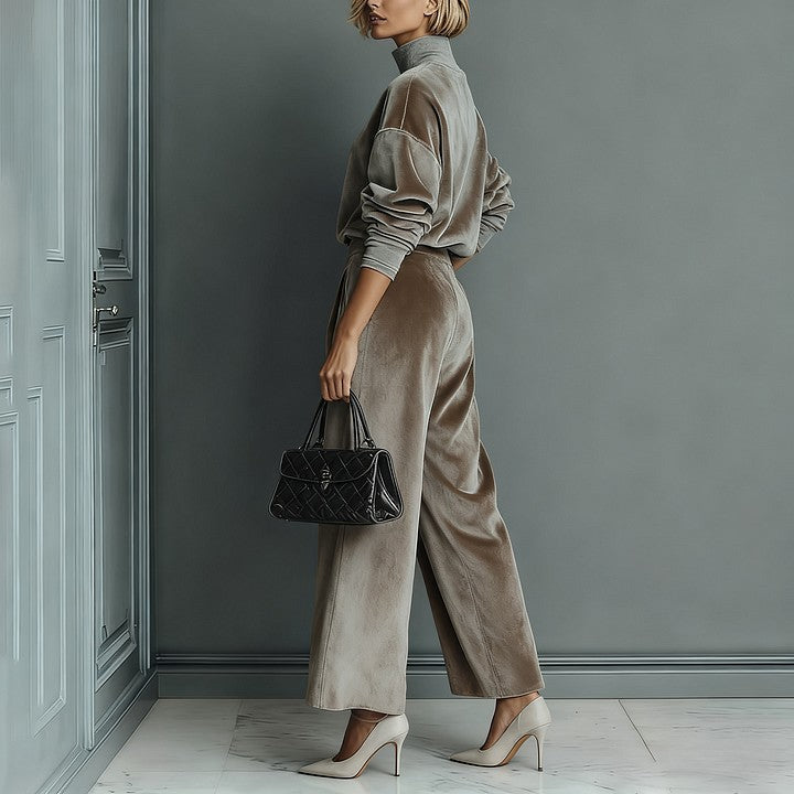 Damen Lounge Outfit mit Hohem Kragen und Weitgeschnittenen Hosen - 1 - Trendlinie