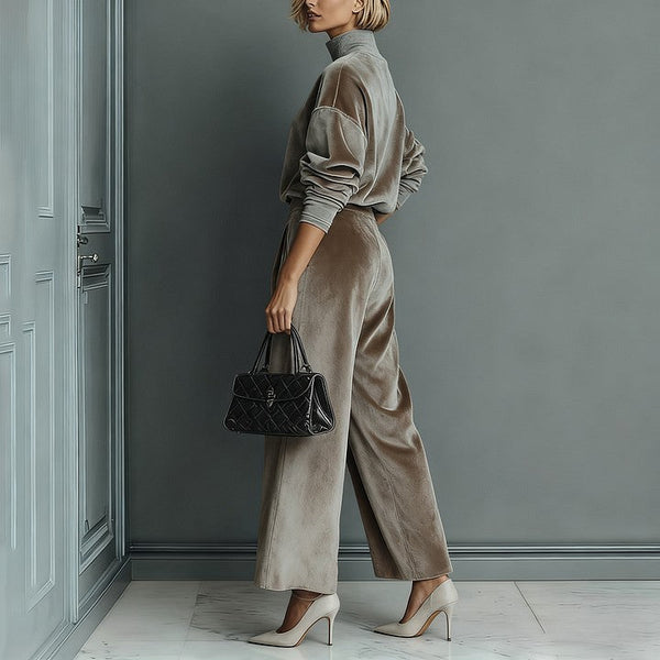 Damen Lounge Outfit mit Hohem Kragen und Weitgeschnittenen Hosen - 1 - Trendlinie